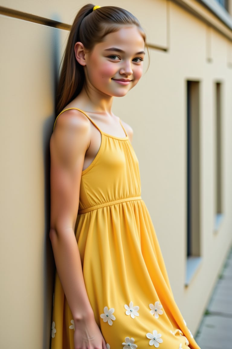 A tall, slim 13-year-old girl casually leans against a wall. She wears a flowing yellow sundress with white flowers embroidered along the hem, long straight hair tied back with a ribbon. She gazes straight at the camera, smiling gently.