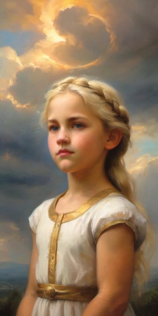 A broad-shouldered child girl wearing a cap-sleeve summer dress, approximately 10 years old, basks amidst wispy cloud formations, her white blonde hair pulled tightly back into a plait, while a radiant golden aura surrounds her round face, symbolizing her divine status as a goddess. Her intense stare at the viewer is the focus, as the soft clouds and subtle lighting evoke a sense of ethereal tranquility.