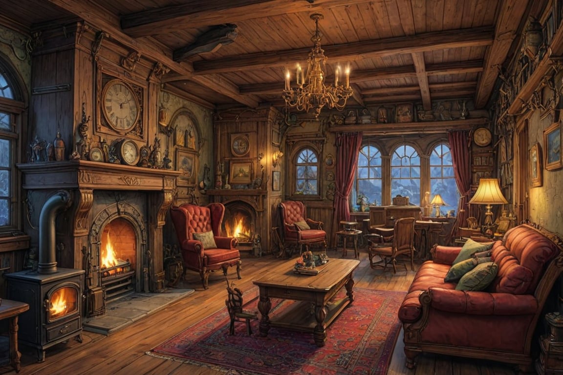 cozy steampunk dormitory, sleigh beds. vibrant colors, a large fireplace, Studio Ghibli, StdGBRedmAF, lineart