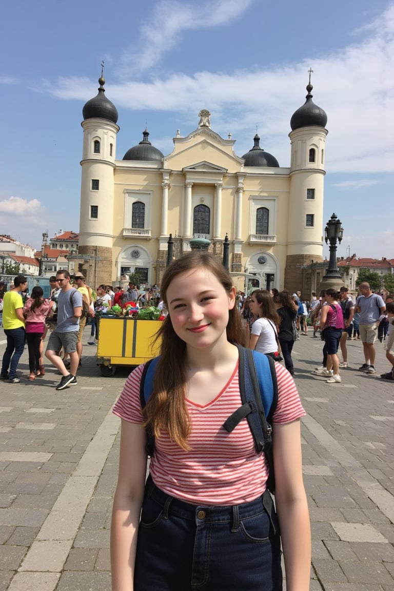 Photograph of a young woman on holiday in a famous tourist destination, smiling. 