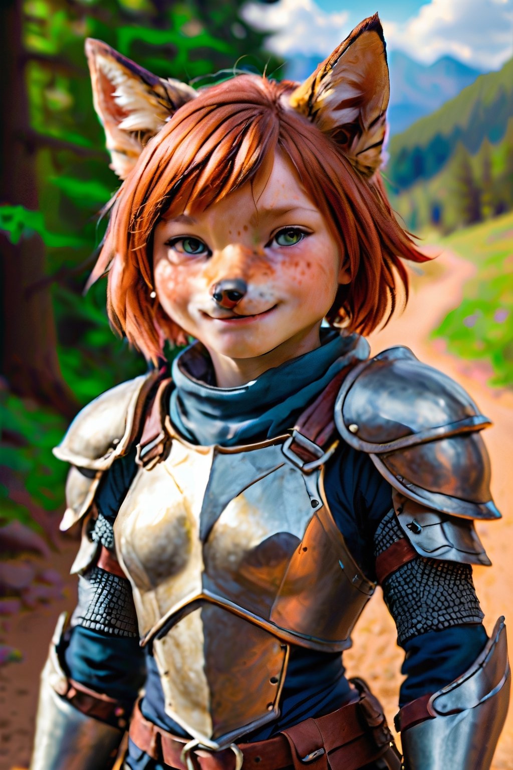 oil painting of a 10yo girl child knight, anthro fox, mostly scenery, very-wide-angle, pale freckled skin, copper_red hair, short-hair, slim endomorph, ripped, armour,, smile,