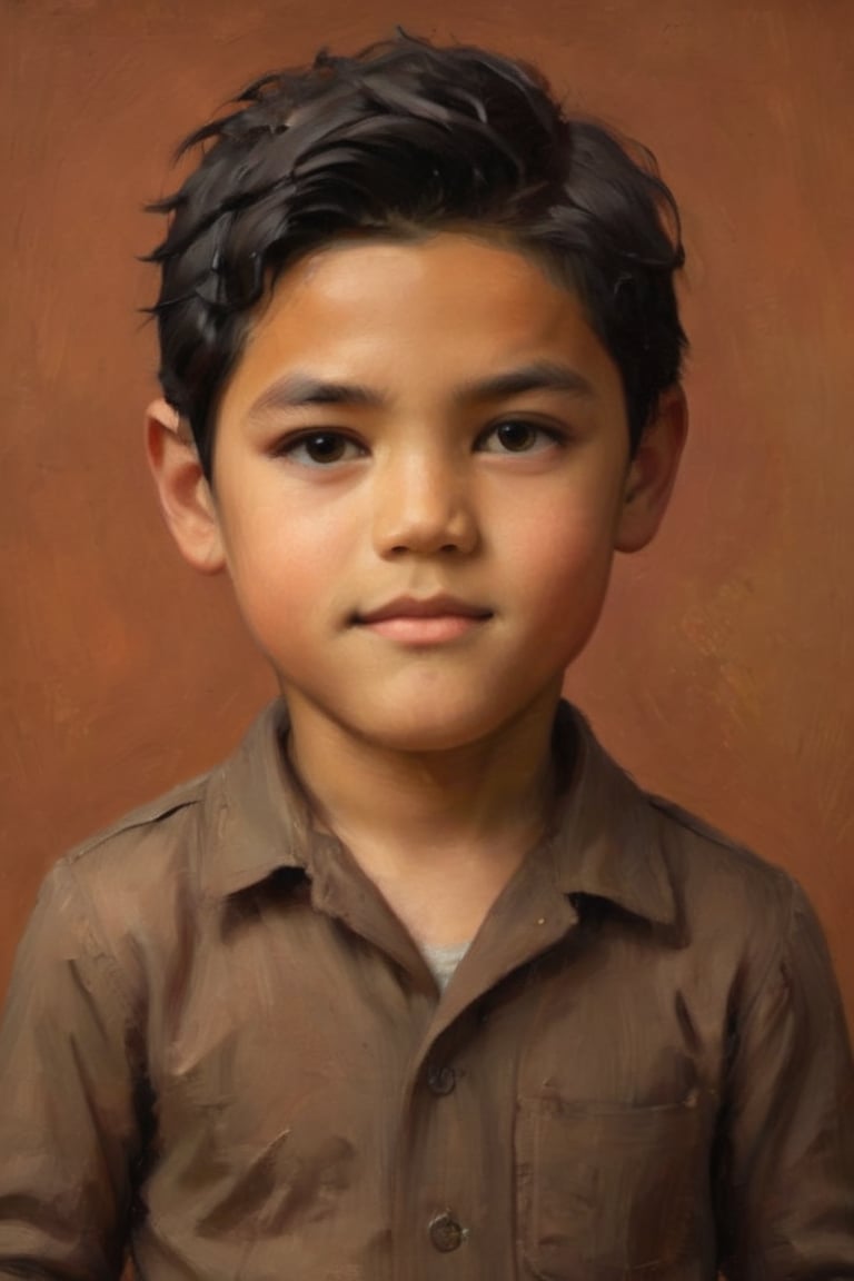 Boy, 4 years old, athletic, spiky black hair, .
Against the plain, terracotta backdrop of an Art Deco design, a charismatic individual poses waist-up, their hair styled with subtle texture and eyes locking onto the camera lens with unbridled confidence. The soft, warm glow illuminates them highlighting delicate features and accentuating their figure.