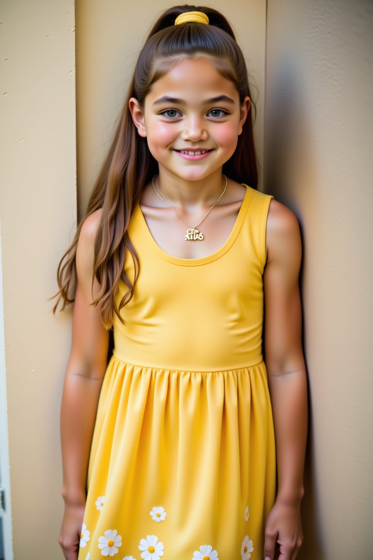 A tall, slim 8-year-old girl casually leans against a wall. She wears a flowing yellow sundress with white flowers embroidered along the hem, long straight hair tied back with a ribbon. She has a necklace that reads "ATLAS" She gazes straight at the camera, smiling gently.