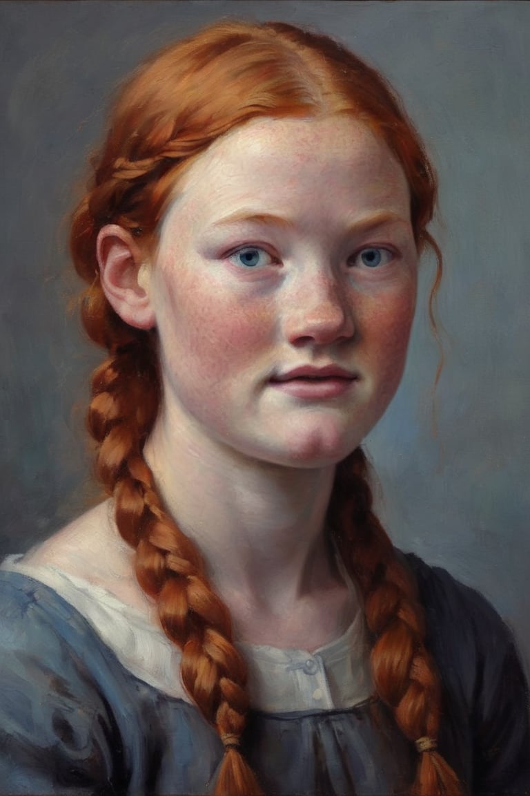 Full body Oil Painitng of a Young Girl: A slender, 23-year-old girl with fiery ginger hair tied in double plaits and bright blue eyes gazes directly at the camera, exuding confidence. Her porcelain complexion and ginger freckles glow under the soft, warm lighting, accentuating her delicate features. The framing of the shot showcases her long neck, which she holds tall and proud, as if embracing her own unique beauty. 