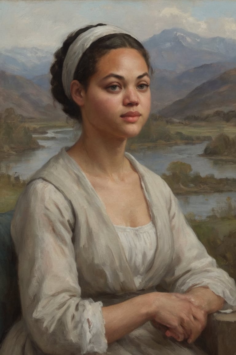 This painting depicts a woman seated at an angle, with her head turned slightly to the side and a small smile on her lips. She is wearing a dress with a high neckline and a fabric draped over her head and shoulders. The background of the painting is a landscape, with mountains and a river in the distance. The woman’s hands are folded in her lap, and she is looking out at the viewer with a mysterious and enigmatic expression. The overall mood of the painting is one of calm and contemplation