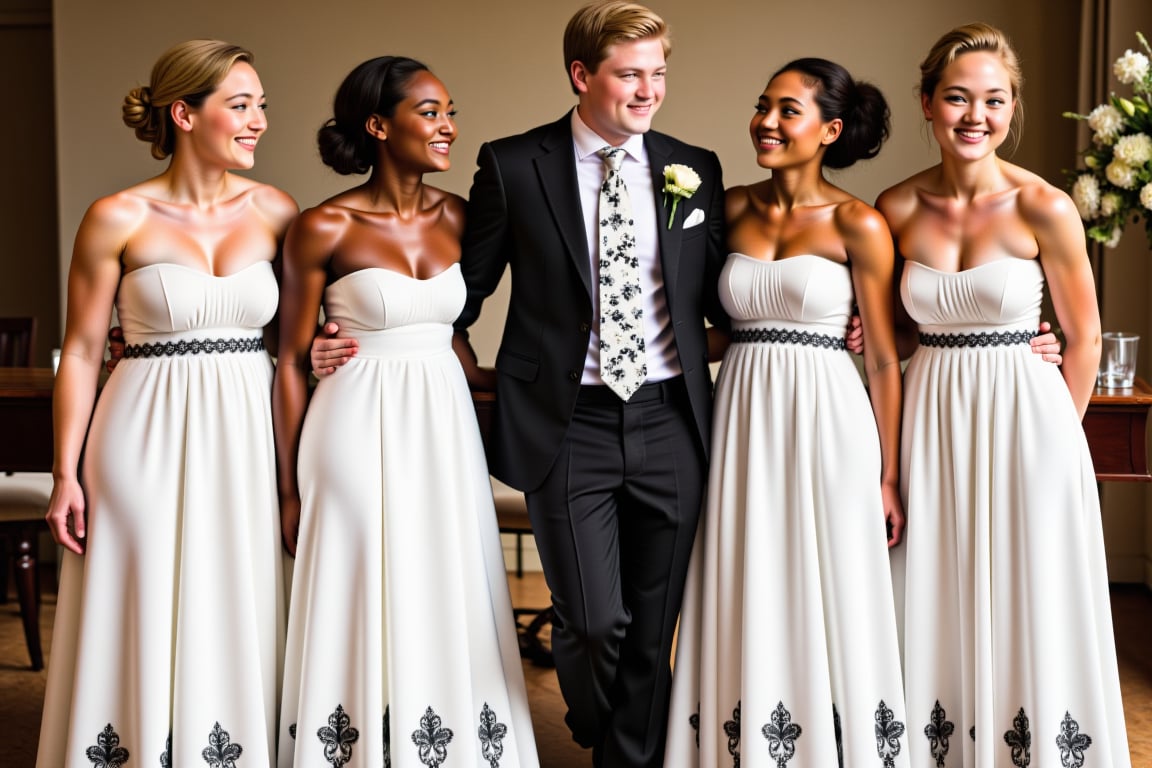 Four young women flank a young man as they casually lean against a tall table at a wedding. Each woman wears a long white sundress with balck flowers embroidered along the hem. The man wears a black with a white shirt and black flower patterned tie. Three women have dark tan skin and athletic builds. The final woman on the left has pale skin and blonde hair and the man is also pale and blonde. All five are smiling, laughing and enjoying each others company.