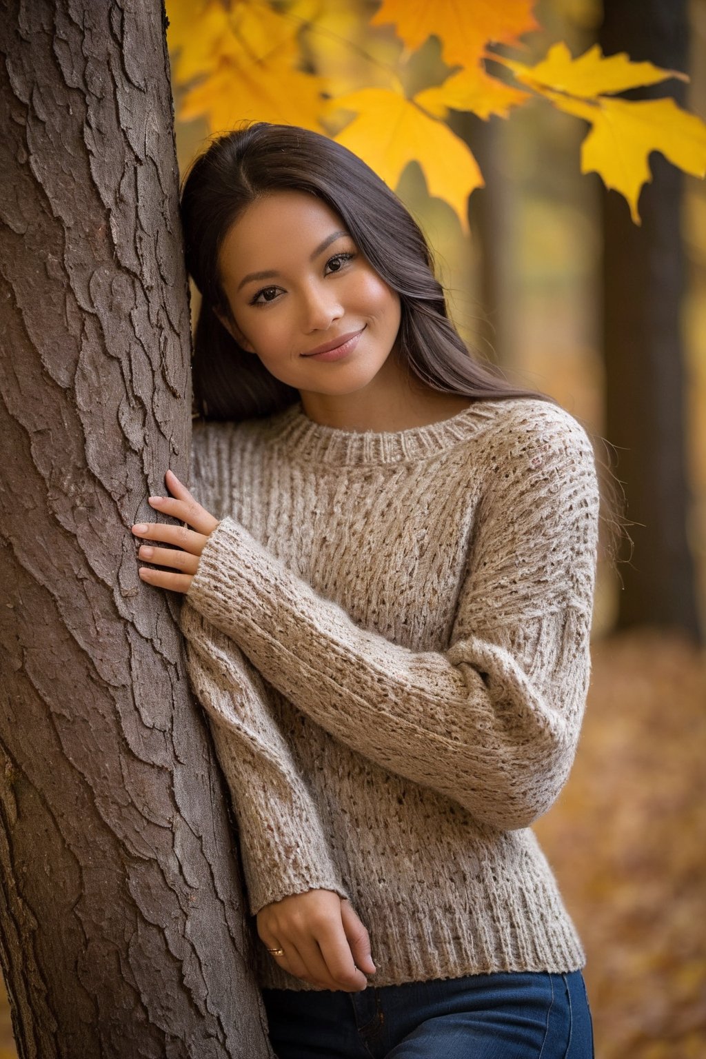 Utilizing a Nikon D850 at a creative upward 75-degree angle, the image captures a person with a serene smile, eyes twinkling with subtle joy. Their posture is relaxed, with one arm resting against a tree trunk, wearing a soft, knitted sweater that suggests the coziness of autumn. The lighting is soft and diffused, filtered through the amber leaves above, which accentuates the warm tones of the scene. The backdrop is a tapestry of fall foliage in a quiet forest, hinting at a crisp, peaceful day.