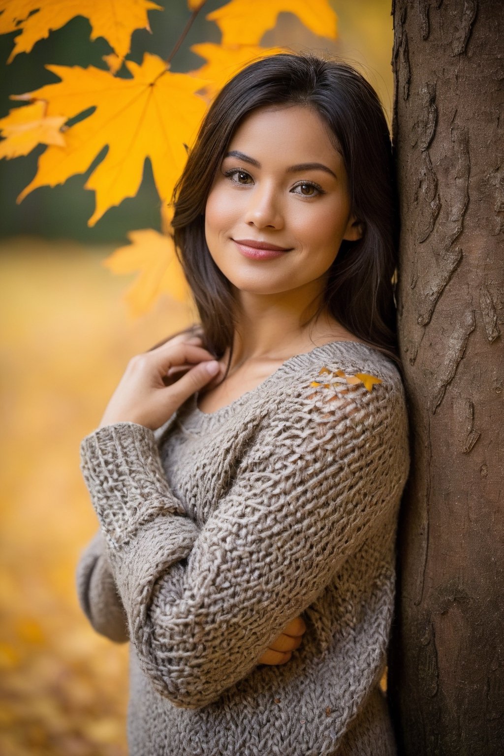 Utilizing a Nikon D850 at a creative upward 75-degree angle, the image captures a person with a serene smile, eyes twinkling with subtle joy. Their posture is relaxed, with one arm resting against a tree trunk, wearing a soft, knitted sweater that suggests the coziness of autumn. The lighting is soft and diffused, filtered through the amber leaves above, which accentuates the warm tones of the scene. The backdrop is a tapestry of fall foliage in a quiet forest, hinting at a crisp, peaceful day.