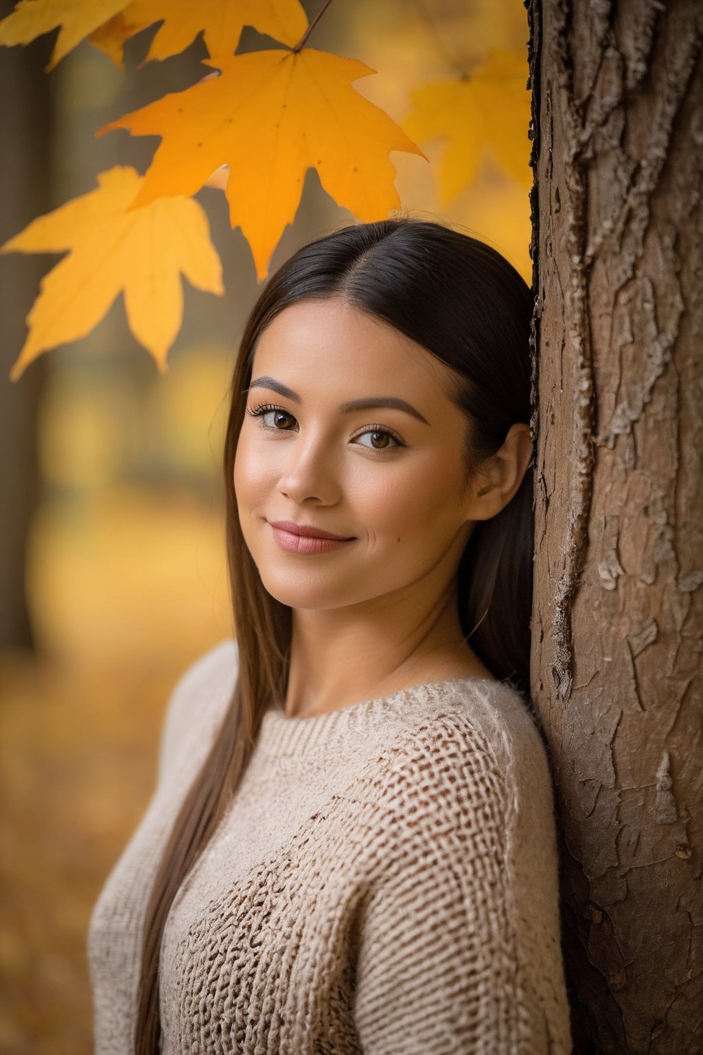 Utilizing a Nikon D850 at a creative upward 75-degree angle, the image captures a person with a serene smile, eyes twinkling with subtle joy. Their posture is relaxed, with one arm resting against a tree trunk, wearing a soft, knitted sweater that suggests the coziness of autumn. The lighting is soft and diffused, filtered through the amber leaves above, which accentuates the warm tones of the scene. The backdrop is a tapestry of fall foliage in a quiet forest, hinting at a crisp, peaceful day.