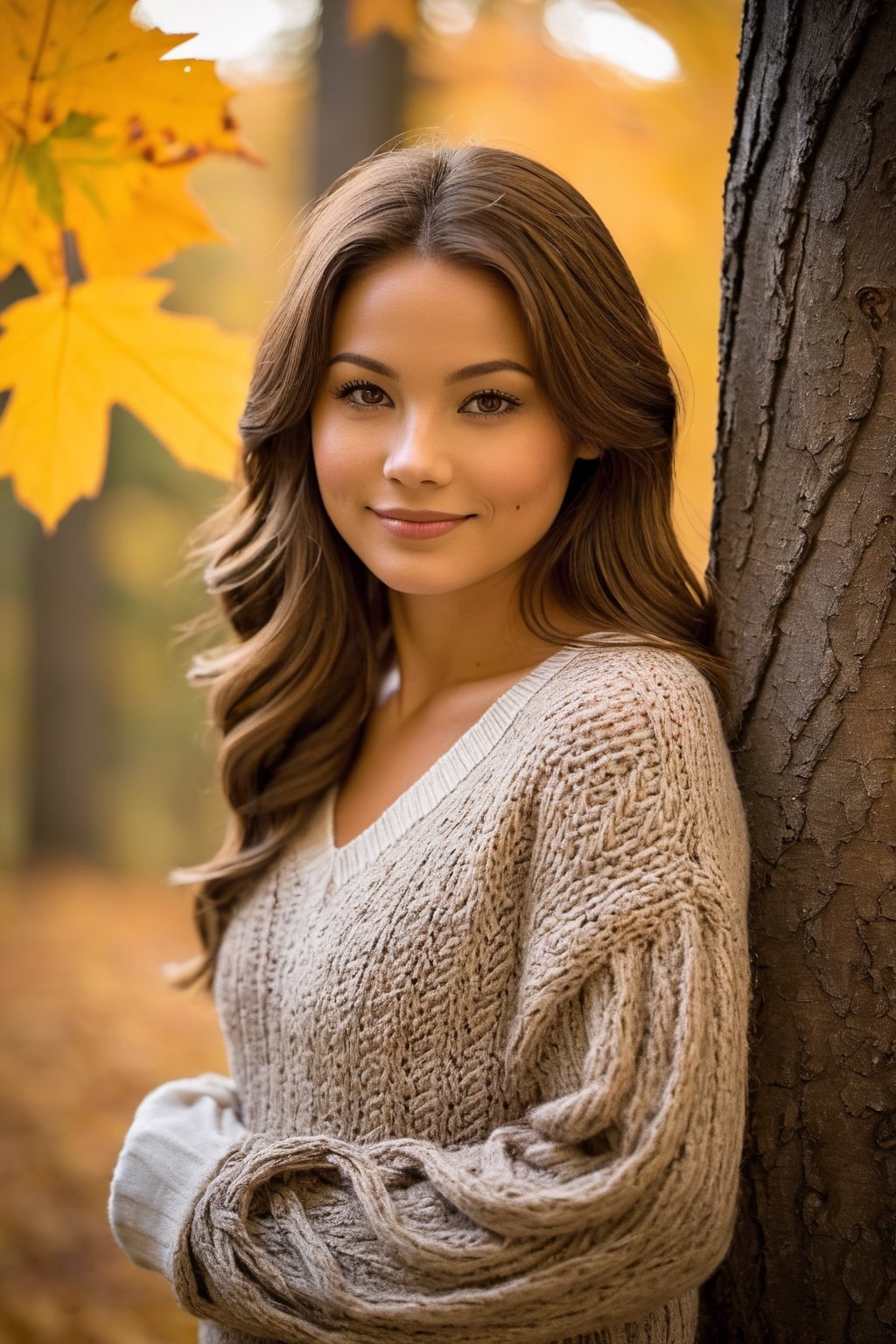 Utilizing a Nikon D850 at a creative upward 75-degree angle, the image captures a person with a serene smile, eyes twinkling with subtle joy. Their posture is relaxed, with one arm resting against a tree trunk, wearing a soft, knitted sweater that suggests the coziness of autumn. The lighting is soft and diffused, filtered through the amber leaves above, which accentuates the warm tones of the scene. The backdrop is a tapestry of fall foliage in a quiet forest, hinting at a crisp, peaceful day.