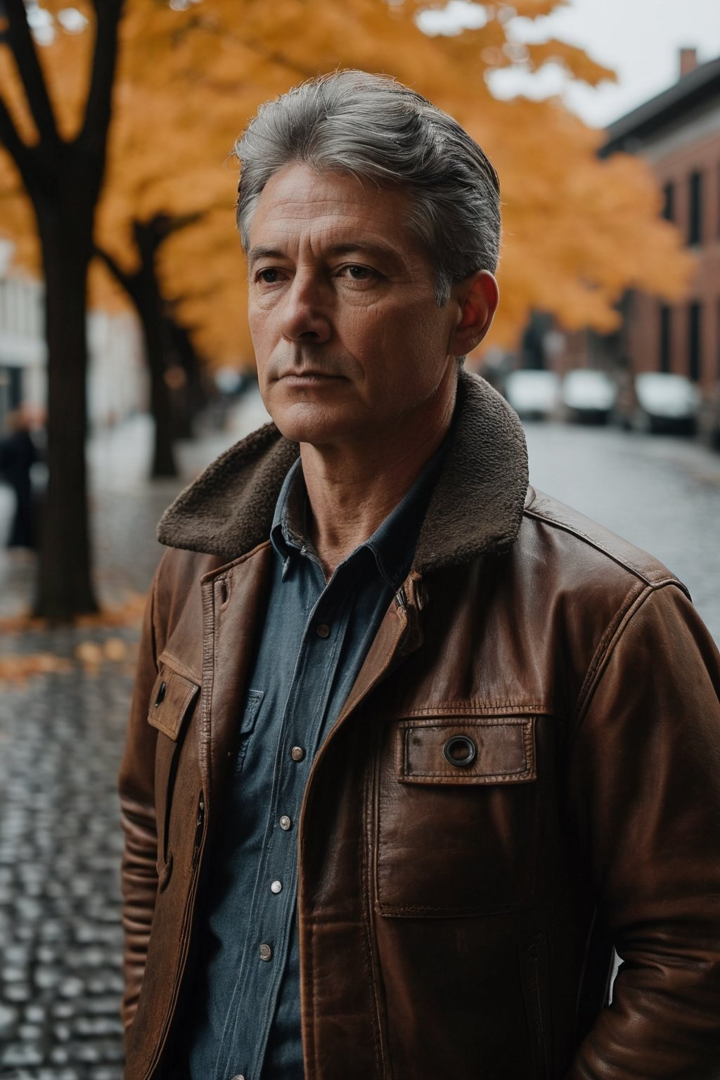 Snapped from a dynamic 45-degree angle, a Pentax K-1 Mark II captures a person’s contemplative gaze, the subtle interplay of shadow and light accentuating their thoughtful frown. Standing with a gentle slouch, hands tucked into the pockets of a worn leather jacket, they exude a rugged autumn charm. The soft, overcast light diffuses evenly, highlighting the crisp air and the russet leaves that frame the quiet, cobblestone street, suggesting a cool, introspective day.