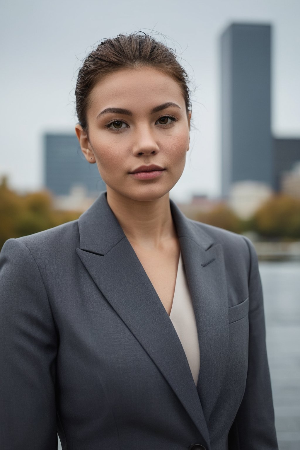 The portrait, taken with a Nikon D850 at a low 15-degree angle, showcases a subject with an aura of quiet confidence. Their sharp gaze pierces the camera, a slight smile playing on their lips, embodying a subtle charisma. Poised upright, they sport a tailored charcoal blazer that speaks of refined taste. The overcast sky diffuses a soft light, muting the colors of the bustling cityscape behind and harmonizing with the cool tones of their attire. The chill of an impending rain adds a crisp edge to this urban tableau.
