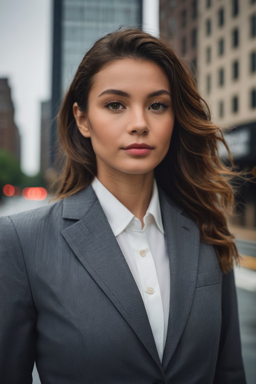 The portrait, taken with a Nikon D850 at a low 15-degree angle, showcases a subject with an aura of quiet confidence. Their sharp gaze pierces the camera, a slight smile playing on their lips, embodying a subtle charisma. Poised upright, they sport a tailored charcoal blazer that speaks of refined taste. The overcast sky diffuses a soft light, muting the colors of the bustling cityscape behind and harmonizing with the cool tones of their attire. The chill of an impending rain adds a crisp edge to this urban tableau.
