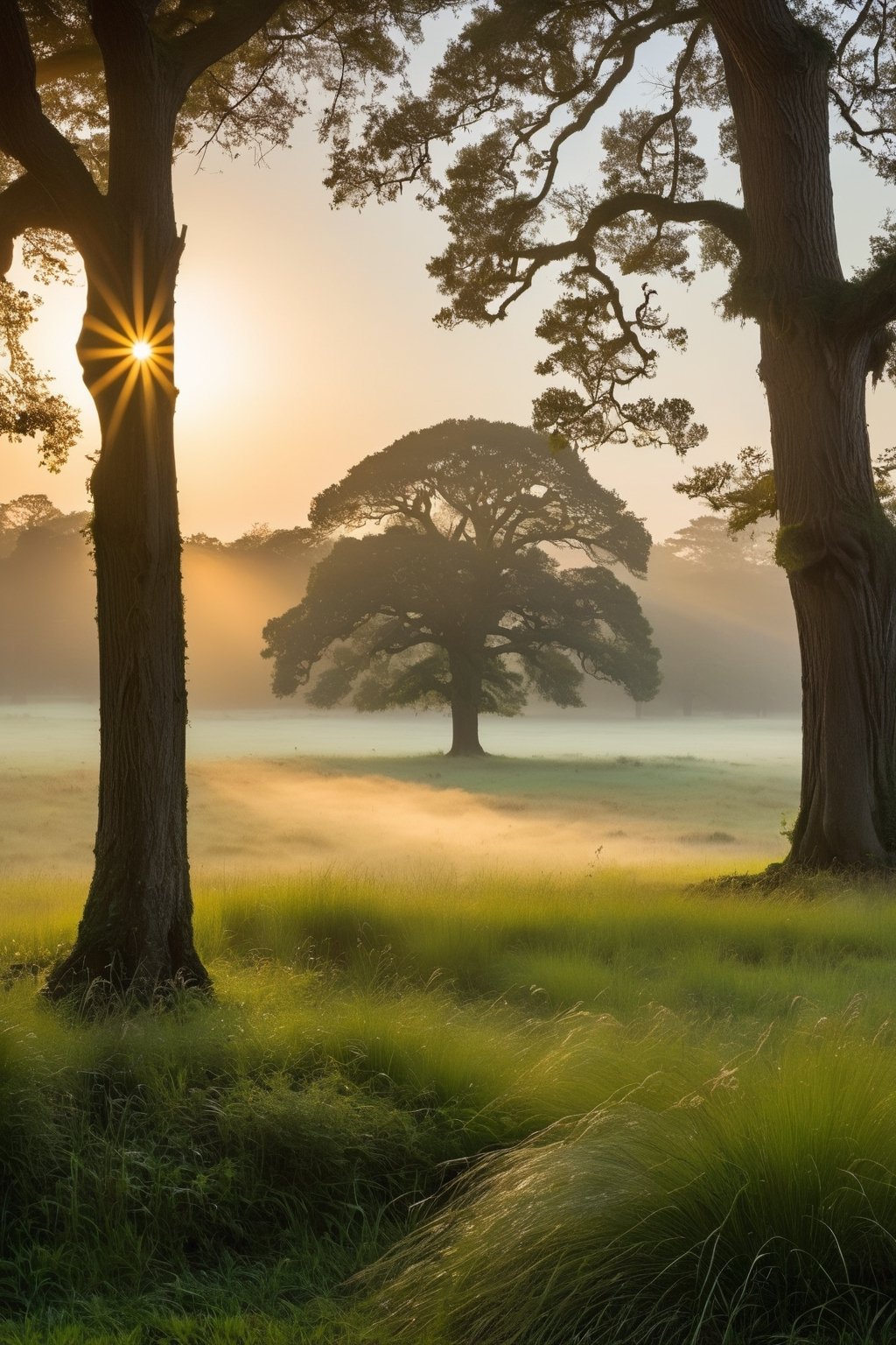 A Leica Q2, angled at a contemplative 30 degrees, captures the soft diffusion of morning light as it filters through a canopy of ancient oaks. The sun, barely cresting the horizon, spills a gentle warmth over a misty meadow, transforming dew into a myriad of twinkling stars upon the earth. A crisp freshness hangs in the air, signaling the dawn of a new day, while the surrounding landscape awakens in hushed tones of greens and earthy browns, untouched yet by the bustle of life under the tranquil, pastel-hued sky.