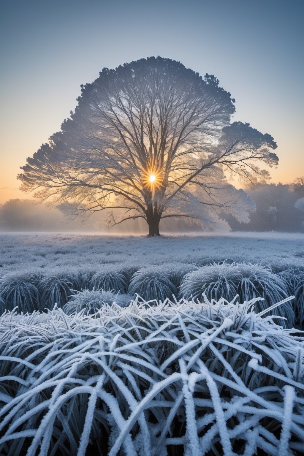 Captured by a Nikon D850 at a deliberate 55-degree perspective, the image seizes the intricate frost patterns on a winter morning windowpane. The rising sun, in its early brilliance, filters through the delicate ice crystals, casting a soft backlight that highlights their complex geometry. The world outside is a blur of cool blues and muted whites, a backdrop of snow-covered tranquility. The air is crisp and still, the silence amplified by the blanket of fresh snow, encapsulating the serene essence of a frosty dawn.