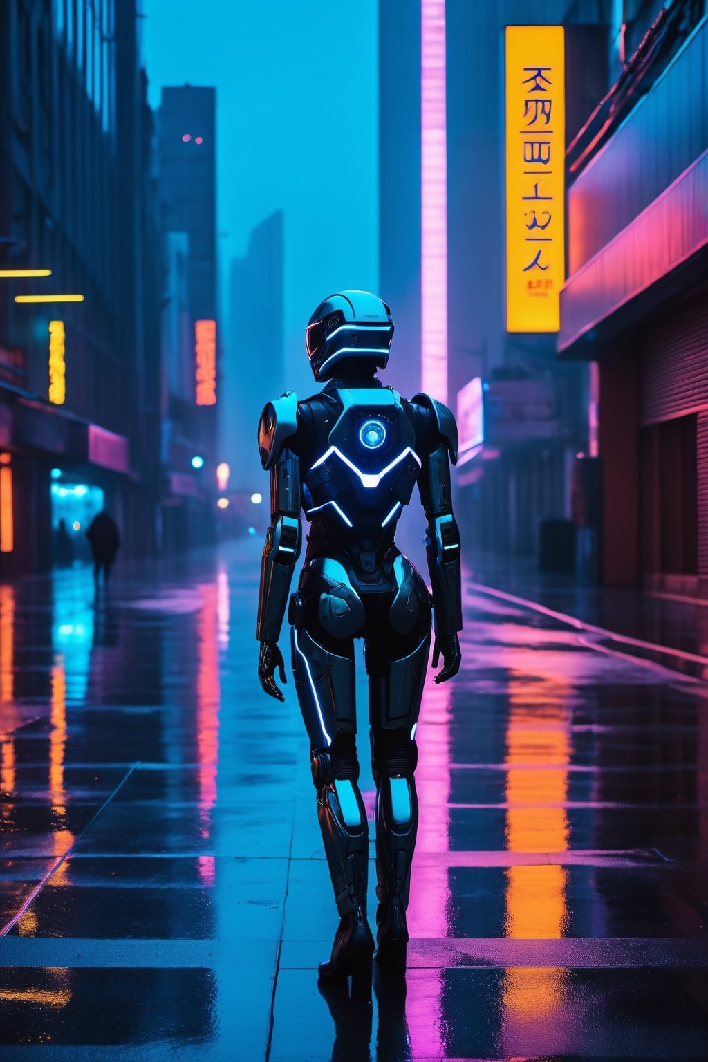 Captured through a Fujifilm X-T4 at a stark 45-degree angle, the image reveals a cyberpunk robot with a chrome finish reflecting the neon-lit cityscape. Its optical sensors, aglow with electric blue, scan the horizon. Poised with one hand raised, it stands amidst the perpetual twilight of a rain-slicked alley, where holographic ads float above. The diffused light from the overcast sky mingles with the vibrant street neon, casting a surreal glow on the damp concrete, encapsulating the essence of a dystopian, yet vivid, future metropolis.