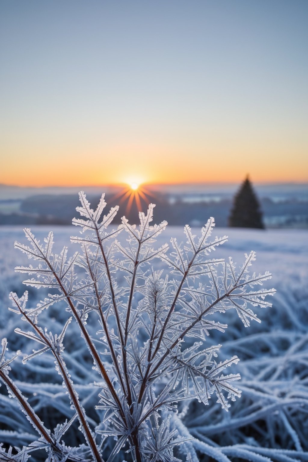 Captured by a Nikon D850 at a deliberate 55-degree perspective, the image seizes the intricate frost patterns on a winter morning windowpane. The rising sun, in its early brilliance, filters through the delicate ice crystals, casting a soft backlight that highlights their complex geometry. The world outside is a blur of cool blues and muted whites, a backdrop of snow-covered tranquility. The air is crisp and still, the silence amplified by the blanket of fresh snow, encapsulating the serene essence of a frosty dawn.