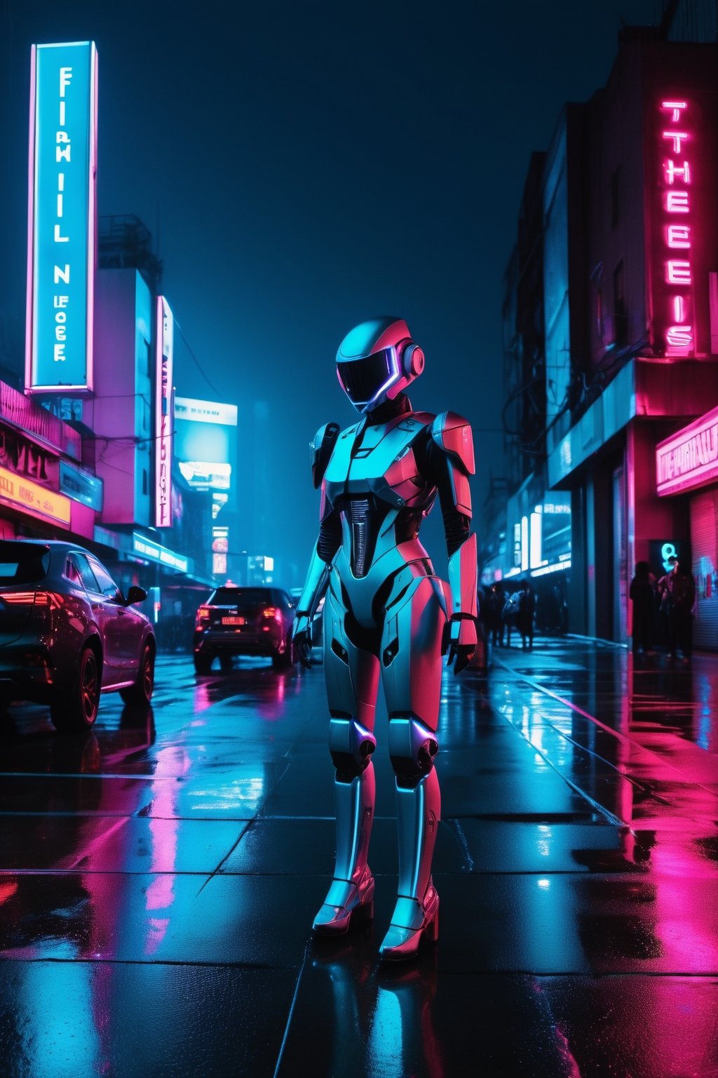 Captured through a Fujifilm X-T4 at a stark 45-degree angle, the image reveals a cyberpunk robot with a chrome finish reflecting the neon-lit cityscape. Its optical sensors, aglow with electric blue, scan the horizon. Poised with one hand raised, it stands amidst the perpetual twilight of a rain-slicked alley, where holographic ads float above. The diffused light from the overcast sky mingles with the vibrant street neon, casting a surreal glow on the damp concrete, encapsulating the essence of a dystopian, yet vivid, future metropolis.