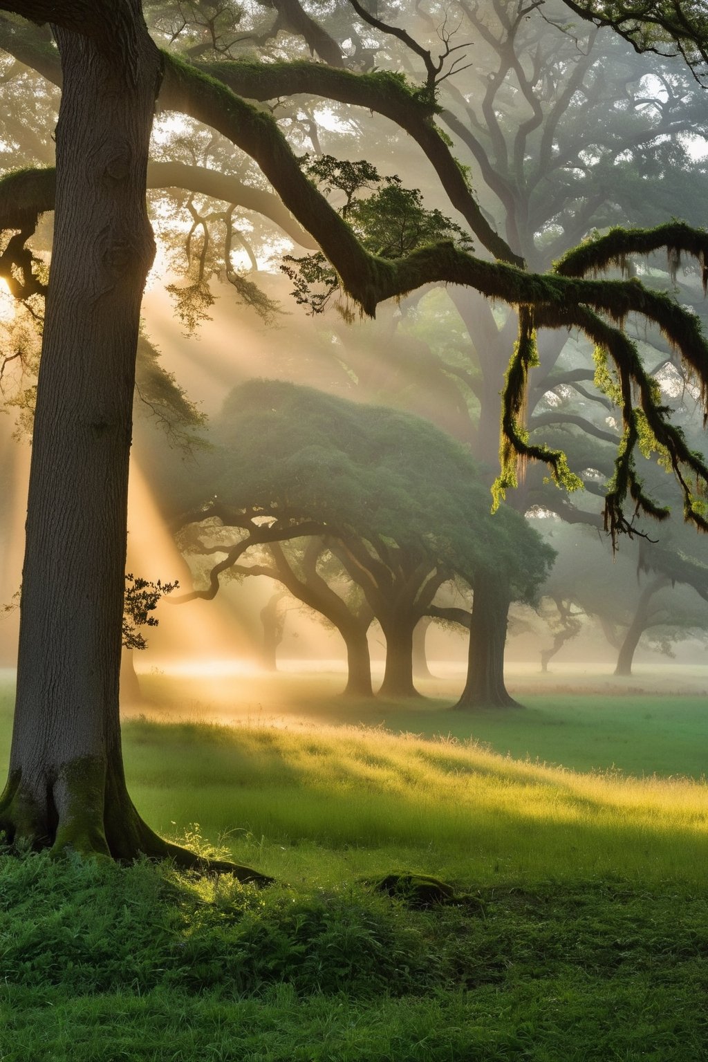 A Leica Q2, angled at a contemplative 30 degrees, captures the soft diffusion of morning light as it filters through a canopy of ancient oaks. The sun, barely cresting the horizon, spills a gentle warmth over a misty meadow, transforming dew into a myriad of twinkling stars upon the earth. A crisp freshness hangs in the air, signaling the dawn of a new day, while the surrounding landscape awakens in hushed tones of greens and earthy browns, untouched yet by the bustle of life under the tranquil, pastel-hued sky.