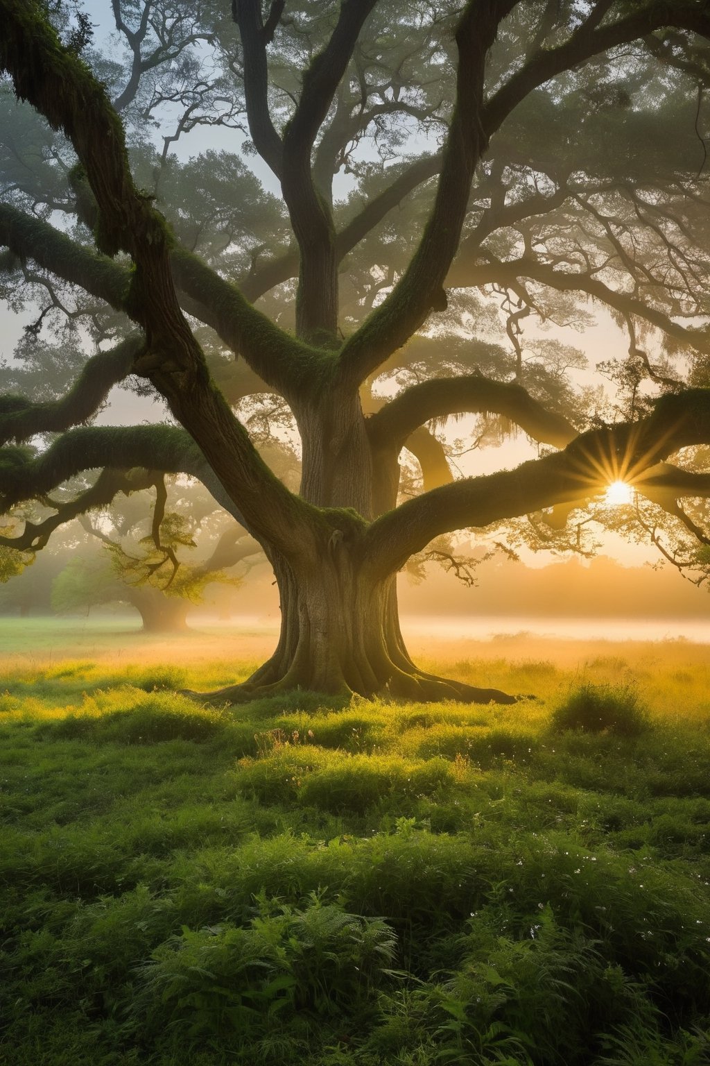 A Leica Q2, angled at a contemplative 30 degrees, captures the soft diffusion of morning light as it filters through a canopy of ancient oaks. The sun, barely cresting the horizon, spills a gentle warmth over a misty meadow, transforming dew into a myriad of twinkling stars upon the earth. A crisp freshness hangs in the air, signaling the dawn of a new day, while the surrounding landscape awakens in hushed tones of greens and earthy browns, untouched yet by the bustle of life under the tranquil, pastel-hued sky.