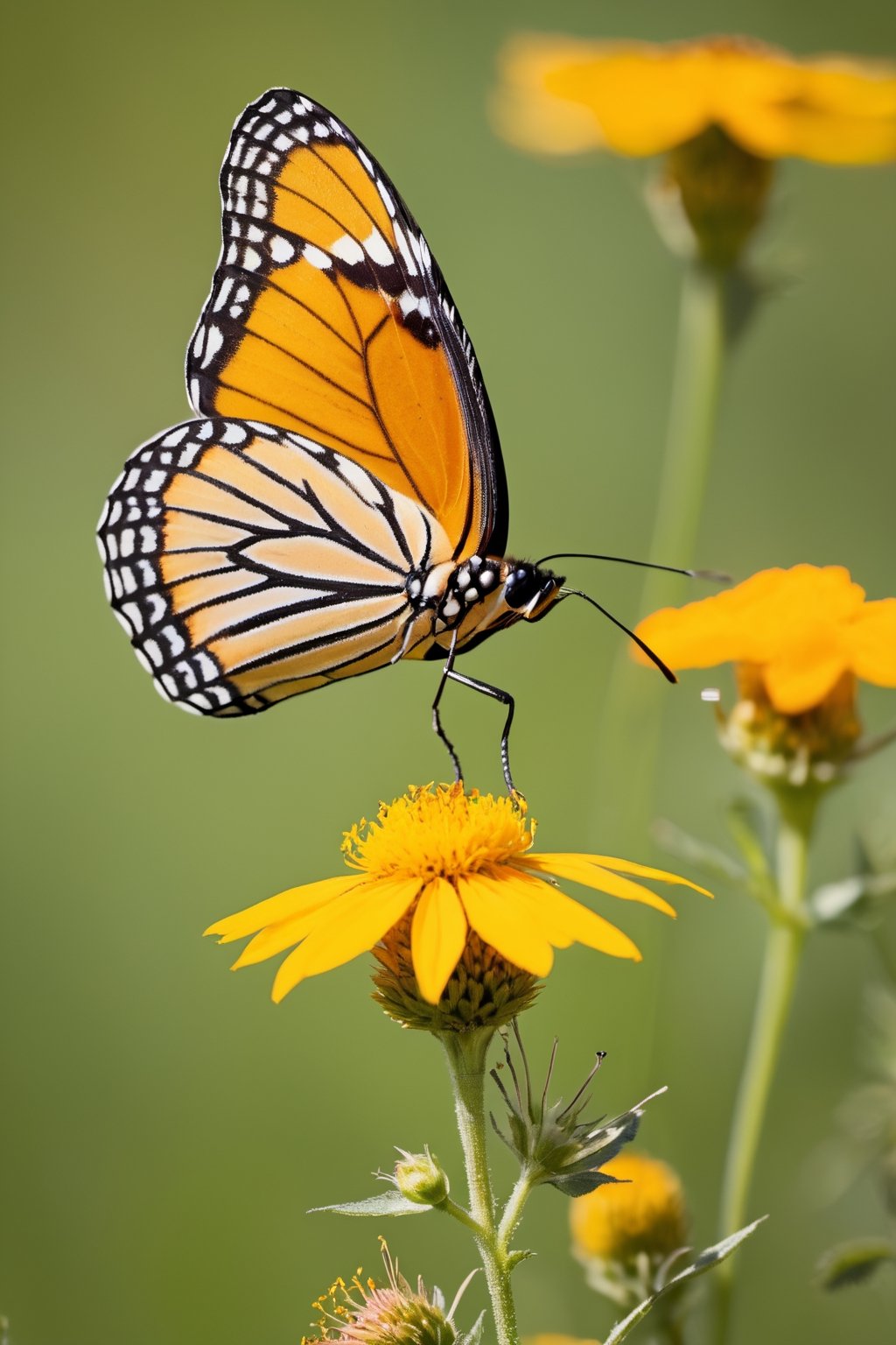 A Canon EOS 5D Mark IV, angled at a dynamic 70-degree slant, captures the vibrant flutter of a monarch butterfly alighting on a wildflower. The golden hour light imbues the scene with a warm, ethereal glow, accentuating the orange and black patterns on the butterfly's wings. Around it, the meadow is alive with the hues of late summer—greens, yellows, and purples—while the gentle breeze and mild temperature suggest an idyllic, late afternoon in a secluded nature haven.