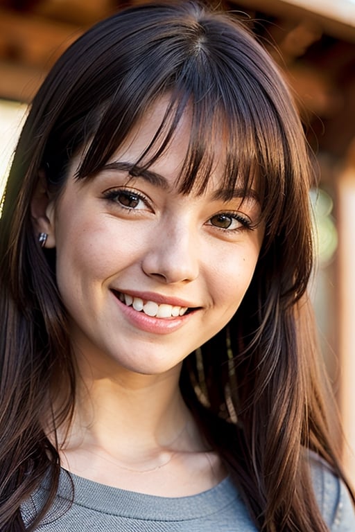 1girl, solo, long hair, looking at viewer, smile, shirt, brown hair, upper body, teeth, black eyes, lips, watermark, realistic