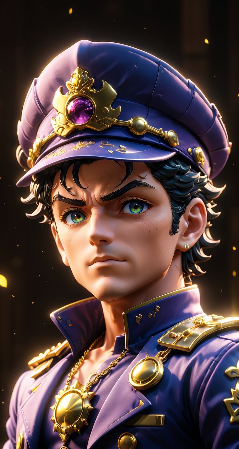 (a Jotaro Kujo in jojo's bizarre adventure ), small and cute, (eye color switch), (bright and clear eyes), anime style, depth of field, lighting cinematic lighting, divine rays, ray tracing, reflected light, glow light, side view, close up, masterpiece, best quality, high resolution, super detailed, high resolution surgery precise resolution, UHD, skin texture,full_body,chibi,Movie Poster,more detail XL