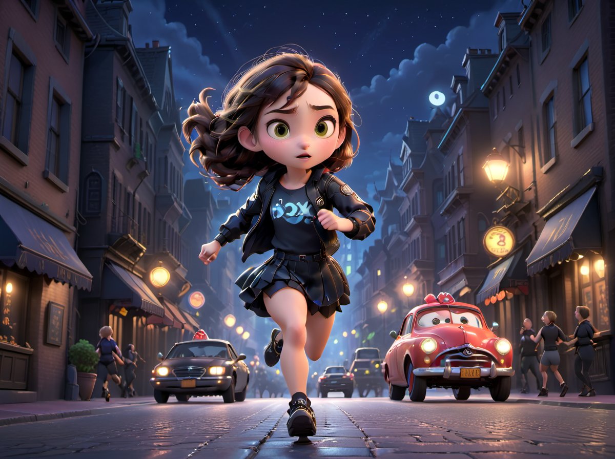 A girl, in the city at night, dressed in black, fast running, Disney-Pixar style.