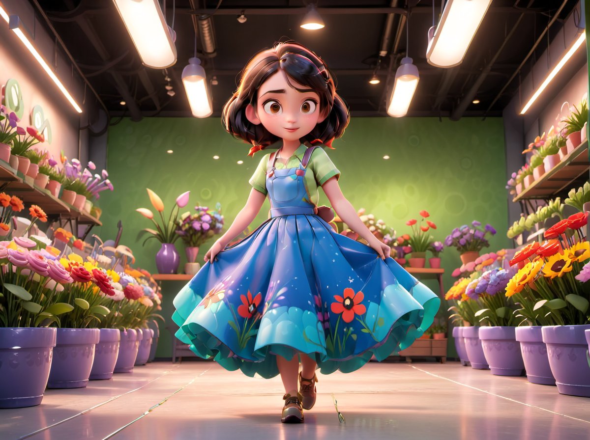 A girl, in a modern florist space, long skirt, Disney-Pixar style.