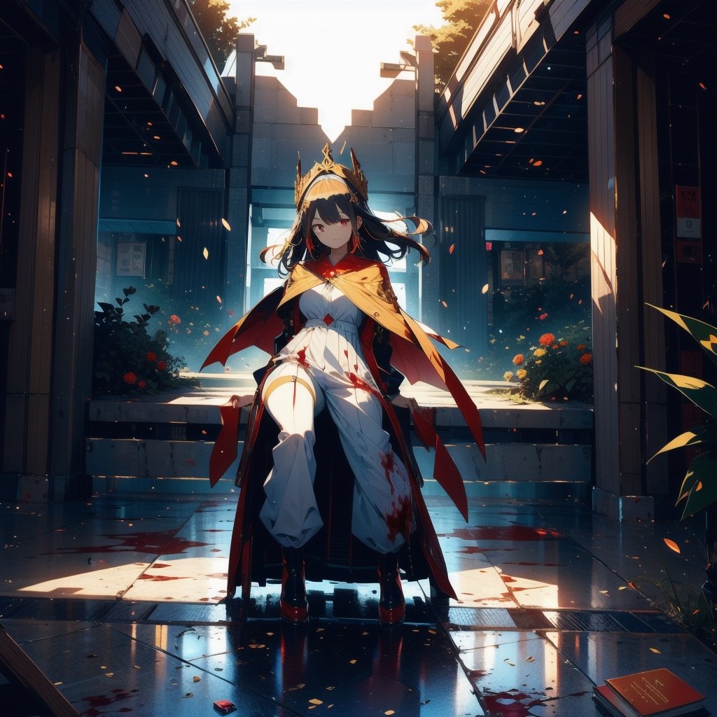 High-quality full-body photo, High-quality image, Princess, 10-20 years old, Black long hair, Partially red-highlighted hair, Blood-red eyes, Focused expression, Smile, Golden headdress, White summer jumpsuit, Pleated skirt, Sensual figure, Black stockings, Dilapidated marble ruins, Numerous books, Blood-red garden,tokyobigsight,portrait