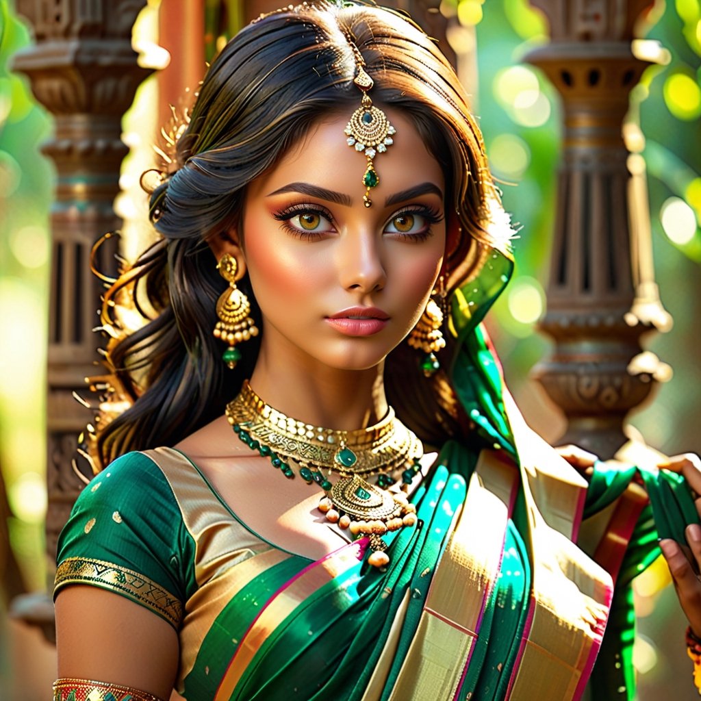 (Serene Indian Beauty, wearing a Indian saree, elegant, dramatic dappled sunlight, emerald and gold colors, transparency, shadows, surrealism, translucency, counterpoint, action pack, fantasy, magic, magic beam, (complex details), (super details), 8k HDR, high details, high-quality, soft cinematic light, dramatic atmosphere, atmospheric perspective,Indian,Woman,Indian tradition), Detailed Textures, high quality, high resolution, high Accuracy, realism, color correction, Proper lighting settings, harmonious composition, Behance works,xxmix_girl,aesthetic portrait, 3/4 body shot