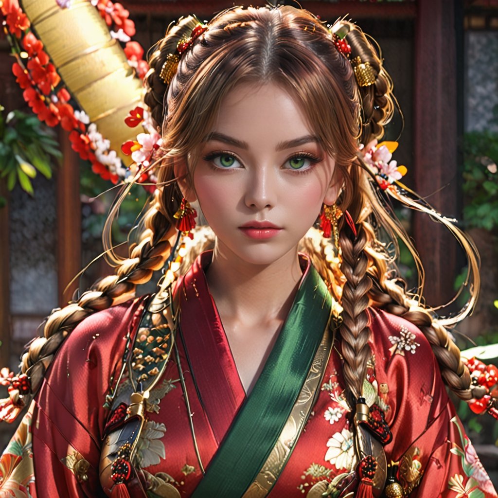 1girl, detailed large green eyes, blush, perfect illumination, caramel hair styled huge long braids,  dressed in red kimono with outer golden chest armor Gorgeous, backlighting, detailed face, bangs, bright skin, Sharp glossy focus, Highres 8k, ultra detailed, aesthetic, masterpiece, best quality, photorealistic, kinetic move effect, colorful, sensual