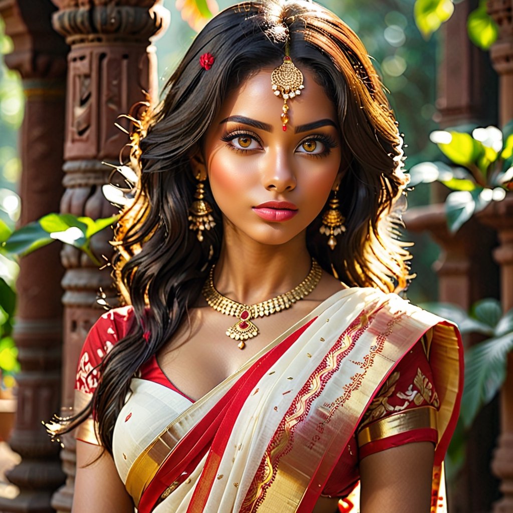 (Serene Indian Beauty, wearing a red and white Indian saree, elegant, dramatic dappled sunlight, transparency, shadows, surrealism, translucency, counterpoint, action pack, fantasy, magic, magic beam, (complex details), (super details), 8k HDR, high details, high-quality, soft cinematic light, dramatic atmosphere, atmospheric perspective,Indian,Woman,Indian tradition), Detailed Textures, high quality, high resolution, high Accuracy, realism, color correction, Proper lighting settings, harmonious composition, Behance works,xxmix_girl,aesthetic portrait