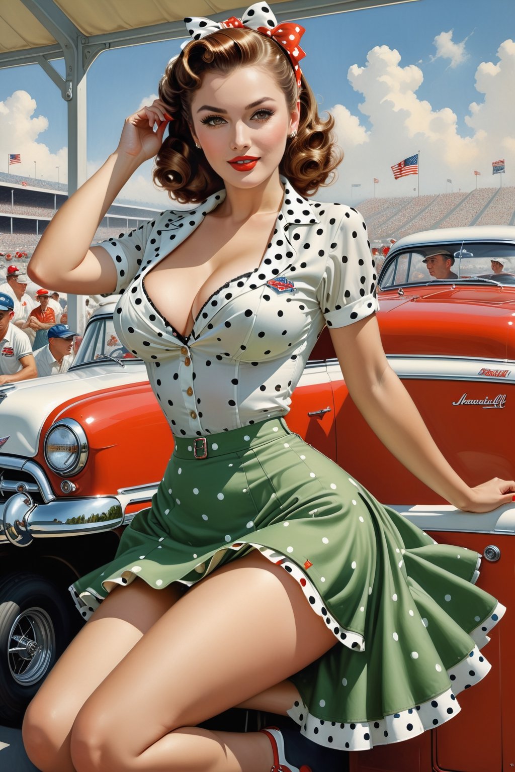 by james jean and norman rockwell, (realistic pin up illustration: 1.4), (hdr: 1.21), 4k, masterpiece, (high quality: 1.2), (detailed face: 1.2), (detailed eyes: 1.3), 1girl, Solo, wearing a 1950s style short green and white polka dot skirt, highly detailed hands, Nascar race setting, short skirt, small round breasts, cleavage, sexy,1girl, PinUp, more detail XL,beautypinupart