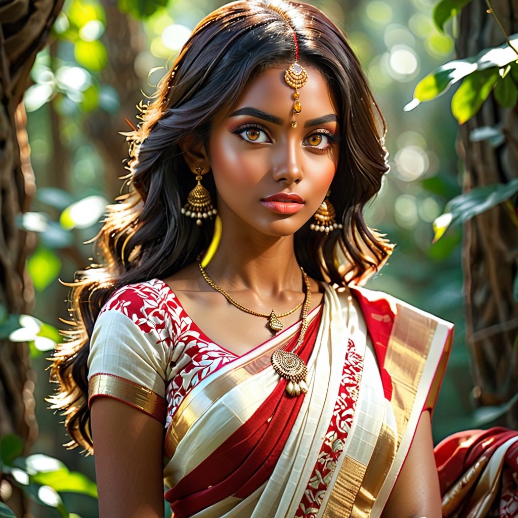 (Serene Indian Beauty, wearing a red and white Indian saree, elegant, dramatic dappled sunlight, transparency, shadows, surrealism, translucency, counterpoint, action pack, fantasy, magic, magic beam, (complex details), (super details), 8k HDR, high details, high-quality, soft cinematic light, dramatic atmosphere, atmospheric perspective,Indian,Woman,Indian tradition), Detailed Textures, high quality, high resolution, high Accuracy, realism, color correction, Proper lighting settings, harmonious composition, Behance works,xxmix_girl,aesthetic portrait