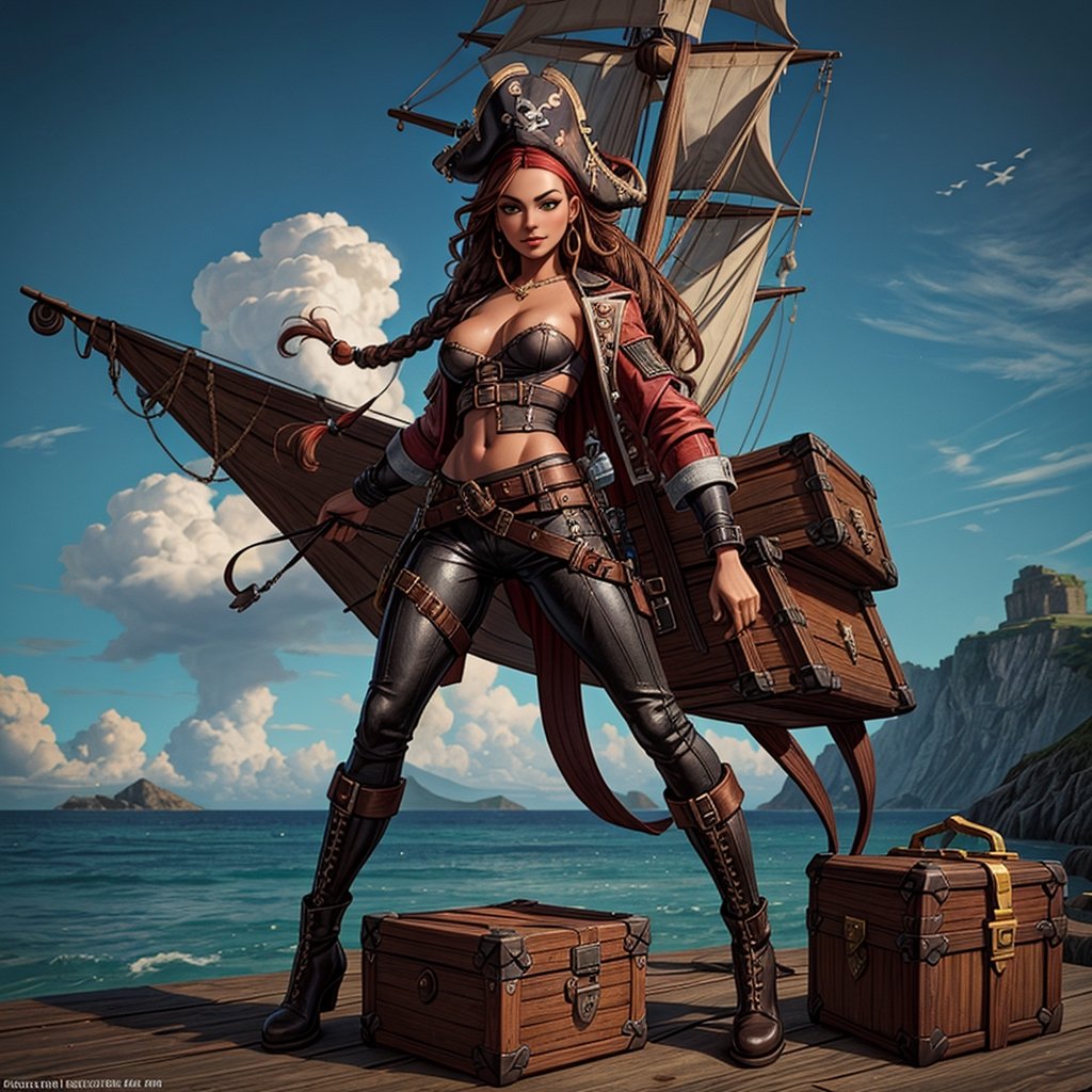 A pirate 1girl solo, wearing red corset with black leather skin tight leather pants, belt with pirate buckle at the waist, brown leather boots, small upturned breasts, light brown hair with curls, dreadlocks, hair with ponytail, bangs in front of the eyes, black pirate hat on her head, looking at the viewer, (((erotic pose, next to a treasure chest)), a pirate ship in the background, treasure chest, baril, daytime, background showing the sea and moving clouds, ((full body):1.5). 16k, UHD, best possible quality, ((best possible detail):1), best possible resolution, Unreal Engine 5, professional photography, ((Pirates of the Caribbean)), NSFW