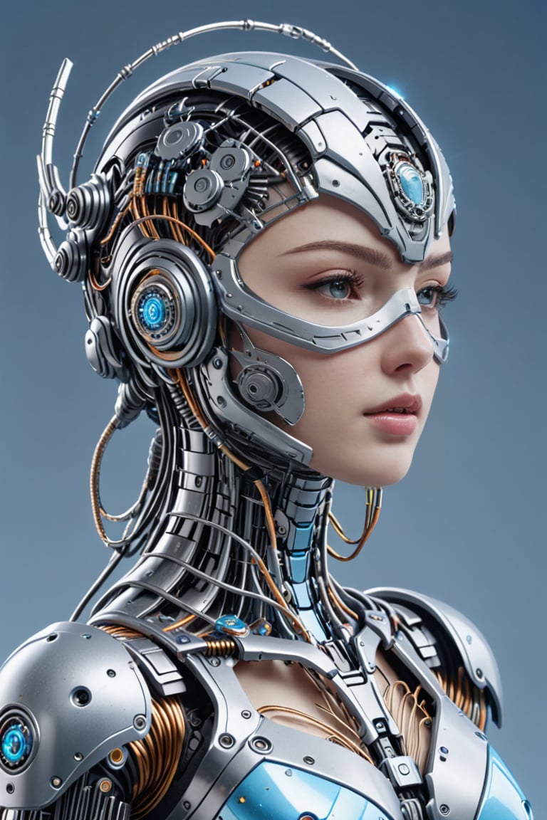 ((Best quality)),
(detailed: 1.4),
(masterpiece),
1girl, solo, cyborg style, android girl, full body shot, head with complex components and parts, wire, cables, mask,
body toward right side, 
High resolution, 
Fine details, photorealistic, vibrant, high dynamic range, 
sharp focus, Extremely Realistic, light blue background.,glitter,shiny