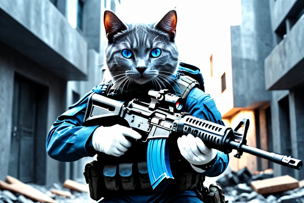 Movie Still, a human like gray cat with blue eyes, wearing modern combat suit, holding AK47 rifle , fighting terrorist at city; photorealistic, cinematic, ultra detailed, sharp focus, crystal clear, vivid, vibrant colors, high dynamic range, wide shot, full body shot, ray tracing, perfect lighting, raw photo, high resolution, sharpen image.