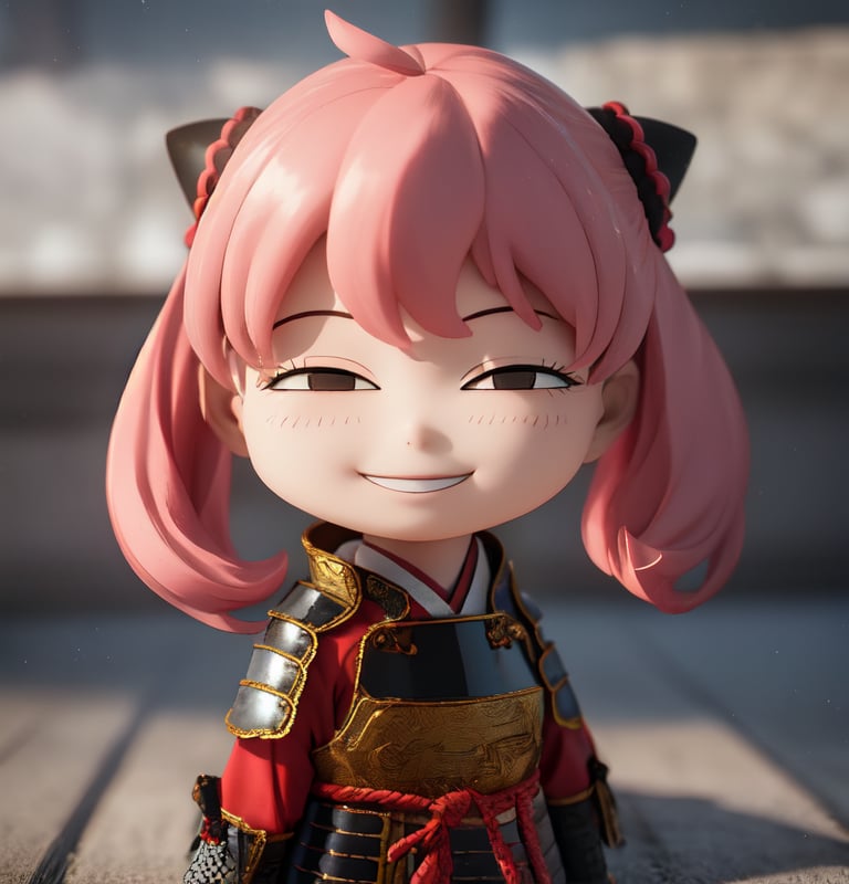 Masterpiece, Top Quality, High Resolution, PVC, Rendering, Chibi, High Resolution, One Girl, Anya Forger, Pink Hair, Bob Hair, Japanese Warring States Period Samurai, Wearing Traditional Samurai Armor, Holding a Sword Poised, Gray Eyes, Smile, Selfish Target, Chibi, Mediterranean Cityscape, Smile, Smile, Self-righteousness, Full Body, Chibi, 3D Figure, Toy, Doll, Character Print, Front View, Natural Light, ((Real)) 1.2)), dynamic pose, medium movement, perfect cinematic perfect lighting, perfect composition, anya_forger_spyxfamily, samurai