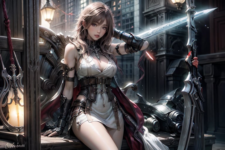 1girl, portrait of LightningFF13 with long hair, brown hair, silky hair, white skin, slim body, wearing goddess dress, brown Chelsea boots, holding a glowing sword, swing sword with ergonomic posture, at midnight city. photorealistic, realism, ultra detailed, high resolution, high pixel density, soft light, vibrant colors, vivid, high dynamic range, wide shot, full body shot, Extremely Realistic.