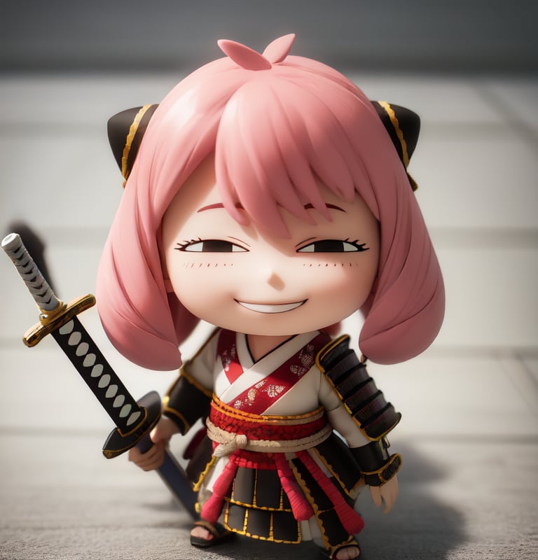 Masterpiece, Top Quality, High Resolution, PVC, Rendering, Chibi, High Resolution, One Girl, Anya Forger, Pink Hair, Bob Hair, Japanese Warring States Period Samurai, Wearing Traditional Samurai Armor, Holding a Sword Poised, Gray Eyes, Smile, Selfish Target, Chibi, Mediterranean Cityscape, Smile, Smile, Self-righteousness, Full Body, Chibi, 3D Figure, Toy, Doll, Character Print, Front View, Natural Light, ((Real)) 1.2)), dynamic pose, medium movement, perfect cinematic perfect lighting, perfect composition, anya_forger_spyxfamily, samurai