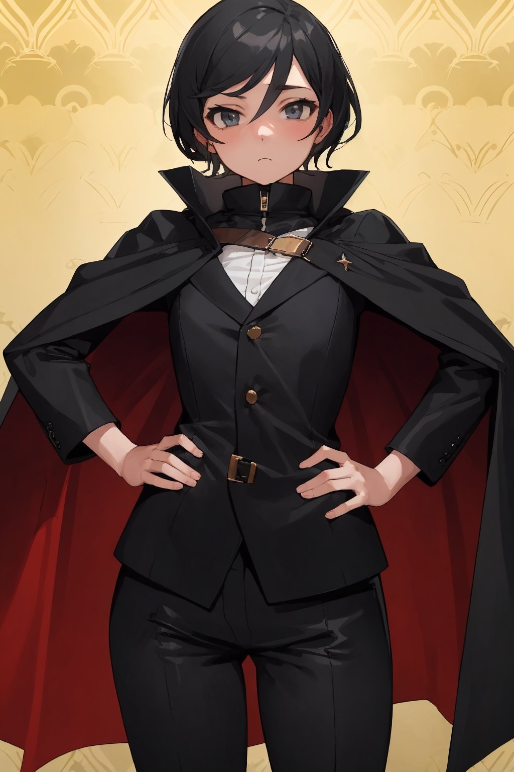 (masterpiece, best quality:1.2),patterned background, cowboy shot, solo, 1girl, ozen, expressionless, closed mouth, looking at viewer, hands on hips, black jacket, black cape, black pants