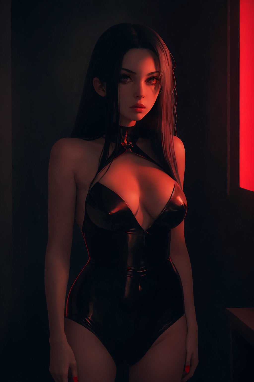 Anime girl,Solo, 1girl, long-hair, black-hair, black assassin dress, black eye, full body, background in a room, full red color light, badass face, katana in hand, perfect lighting, dark room with red color light,perfect face, perfect body, ,photorealistic, heavydetailed, cuteface,4kresolution 