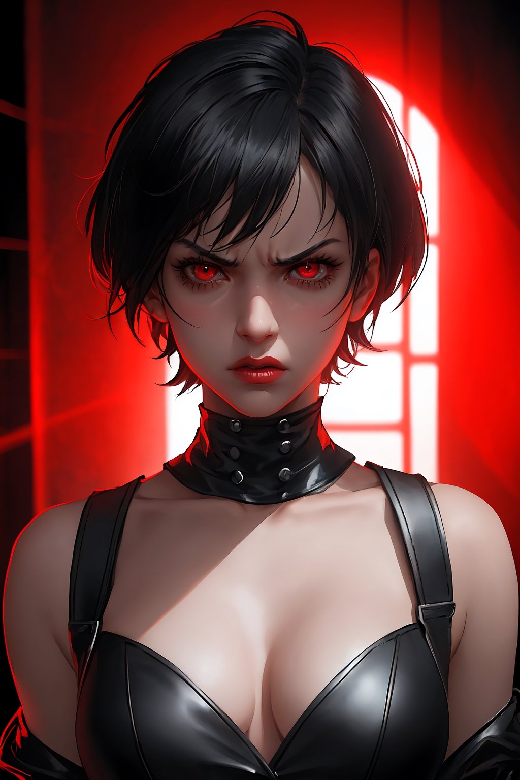  Solo, 1girl, short-hair, black-hair, black assassin dress, red eye, full body, background in a room, full red color light, badass face, katana in a hand, perfect lighting, dark room with red color light,perfect face, perfect body, ,photorealistic, heavy detailed, clear the room objects, angry face but cute 