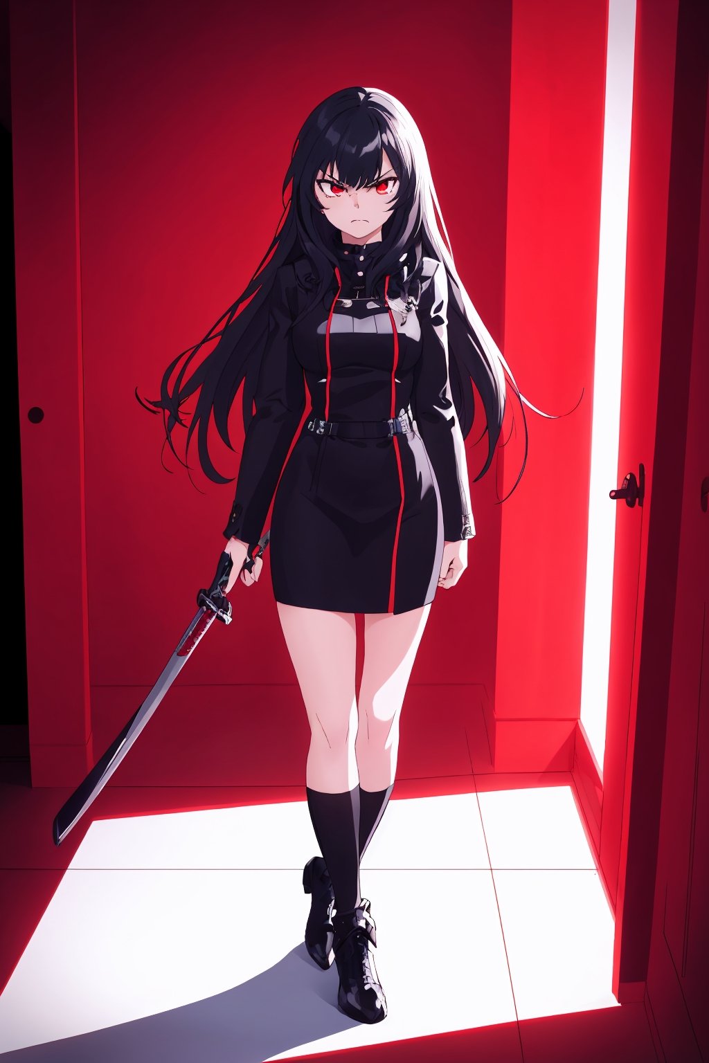  Solo, 1girl, long-hair, black-hair, black assassin dress, red eye, full body, background in a room, full red color light, badass face, katana in a hand, perfect lighting, dark room with red color light,perfect face, perfect body, ,photorealistic, heavy detailed, clear the room objects, angry face but cute,