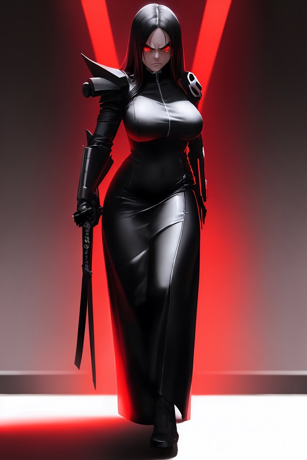  Solo, 1girl, long-hair, black-hair, black assassin dress, red eye, full body, background in a room, full red color light, badass face, katana in a hand, perfect lighting, dark room with red color light,perfect face, perfect body, ,photorealistic, heavy detailed, angry face but cute,