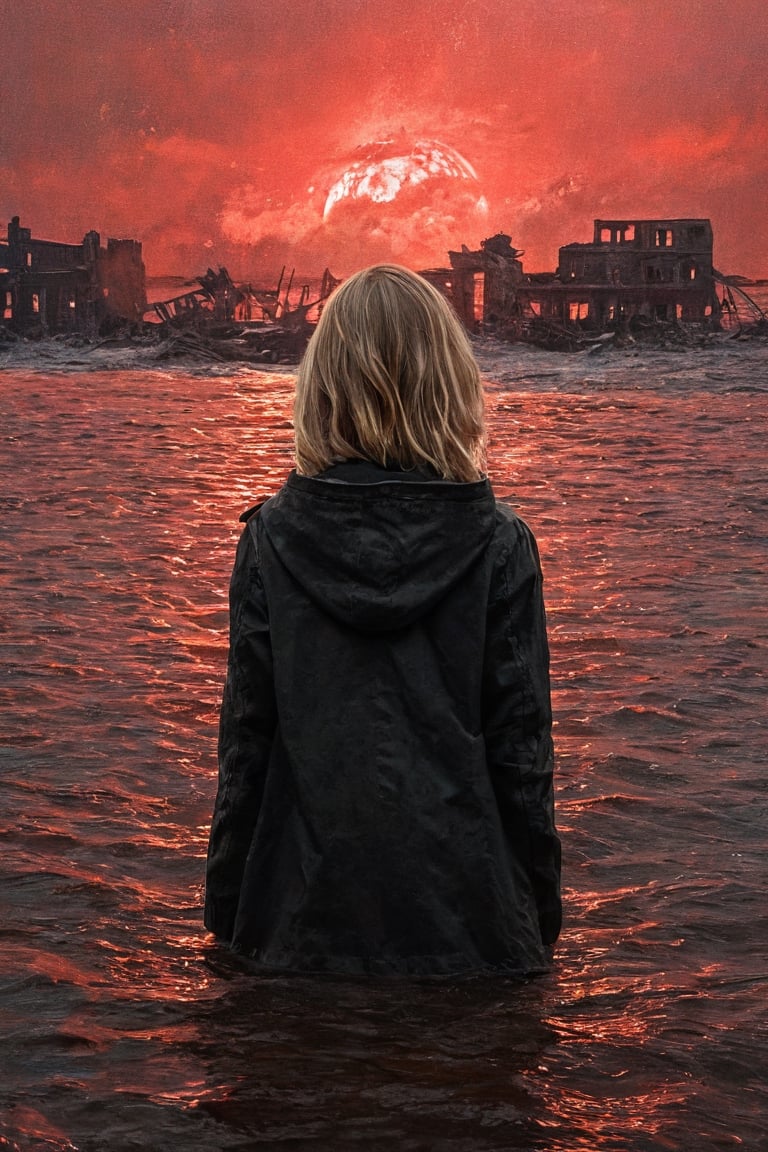 An ultra-realistic photography captured with a Sony α7 III camera, equipped with an 25mm lens at F 1.2 aperture setting, 

In the photo, we can see upper body from behind a fragile girl in a black oversize hooded jacket, her short-length dirty blonde hair in a square hairstyle, red mist. hood_down, red_rain,

She is standing in the center of the photo, a red_water_ocean in front.destroyed buildings and floating bodies of people are observed in the ocean, dawnlight,

cucoloris patterned illumination, greg rutkowski, chiaroscuro, extremely detailed