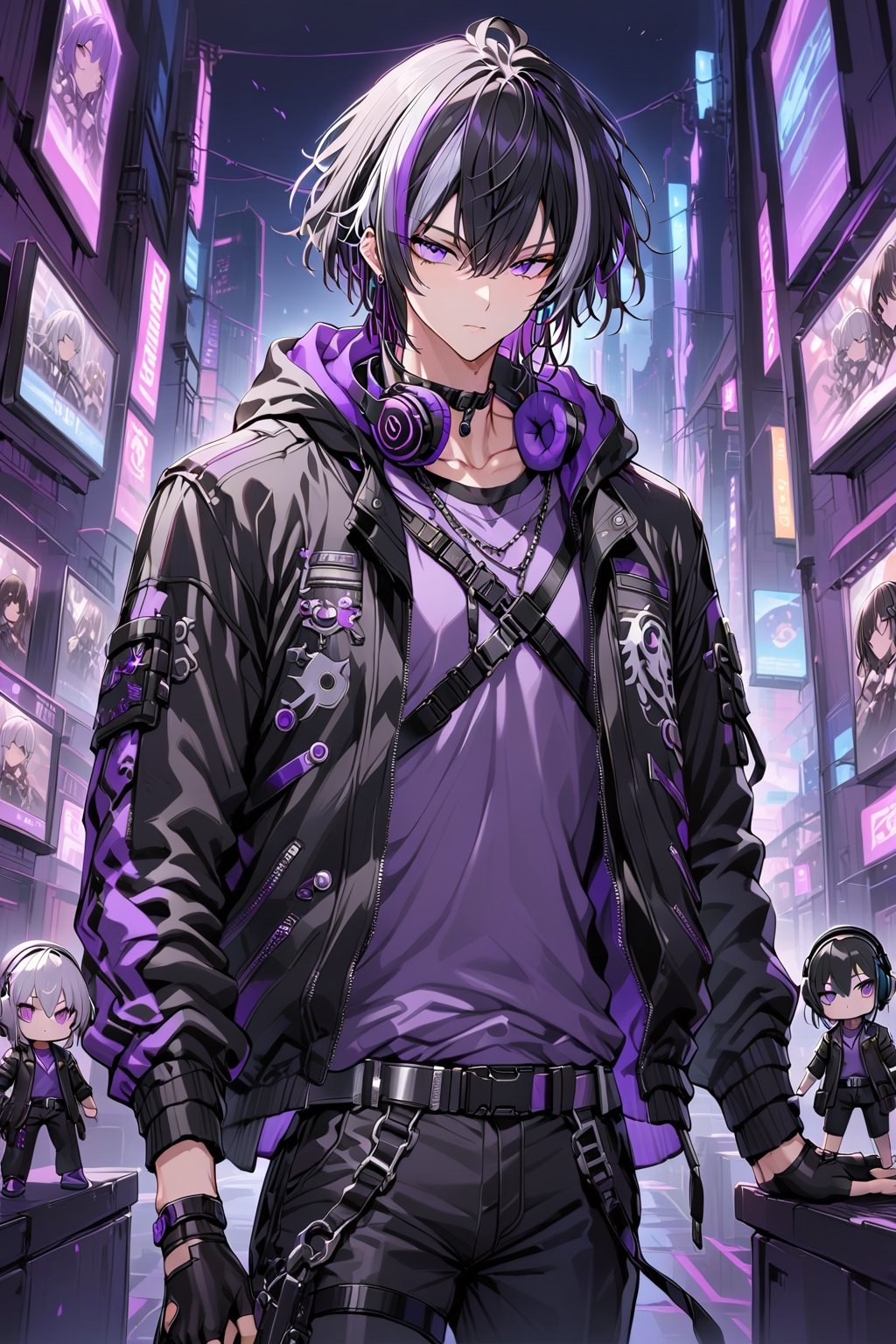 solo, looking at viewer, bangs, shirt, black hair, gloves, long sleeves, 1boy, holding, hair between eyes, jewelry, closed mouth, purple eyes, jacket, purple hair, grey hair, male focus, multicolored hair, cowboy shot, open clothes, black gloves, belt, pants, virtual youtuber, fingerless gloves, open jacket, streaked hair, black jacket, headphones, black pants, microphone, headset, purple shirt, character doll, best quality, masterpiece, more detail XL,masterpiece