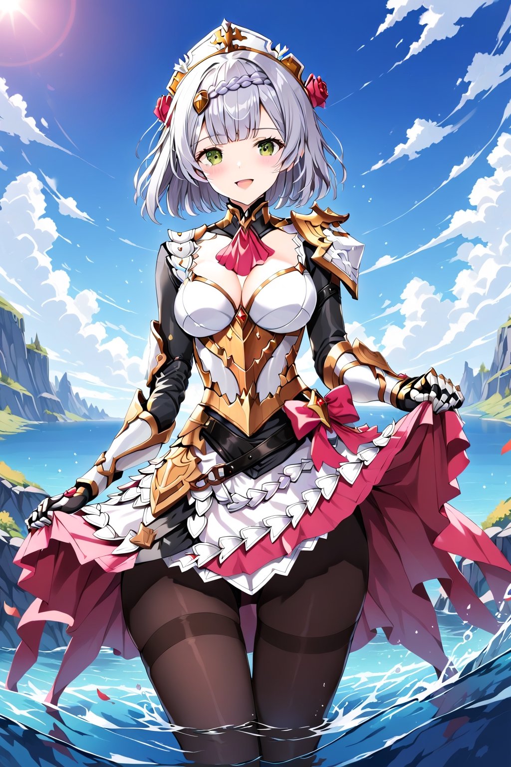 1girl, solo, breasts, looking at viewer, blush, smile, short hair, open mouth, bangs, skirt, large breasts, hair ornament, dress, cleavage, green eyes, braid, flower, white hair, grey hair, pantyhose, boots, outdoors, sky, day, hair flower, water, clothes lift, armor, blue sky, black pantyhose, maid, ascot, rose, skirt lift, lifted by self, red flower, shoulder armor, gauntlets, wading, dress lift, thighband pantyhose, pauldrons, red rose, armored dress, armored boots, red ascot, noelle \(genshin impact\)