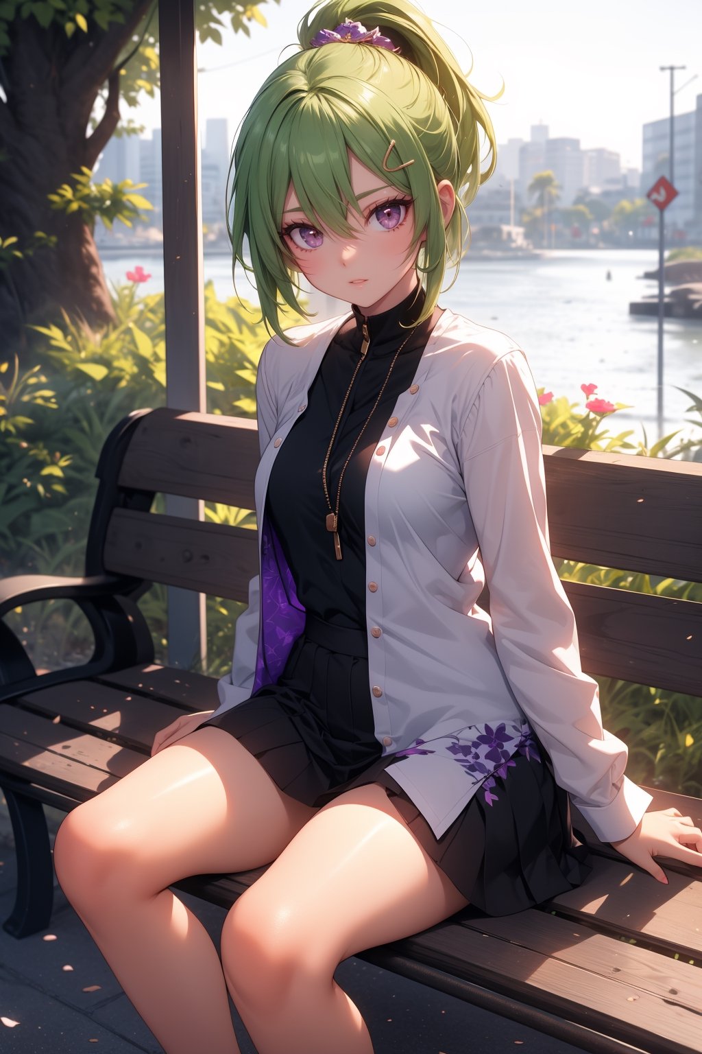 masterpiece, ultra detailed, high quality, 1girl, (blush, red face, parted lips), detailed lips, sitting in bench, (solo), wide shot, scenery, full body, Kuki Shinobu, green hair, hair between eyes, ponytail, short hair, (purple eyes:1.1), hair ornament, kukishinoburnd